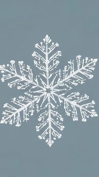 Vertical video: Frames advancing white six-armed snowflake rotating clockwise on blue-gray canvas