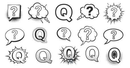 A collection of question mark icons in various speech and thought bubble styles in black and white vector illustration, ideal for graphic design and communication projects