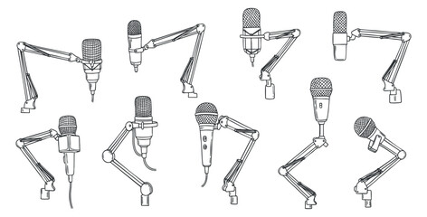Obraz premium A collection of various microphones with adjustable stands in clean black and white line art vector style, ideal for music and audio production designs