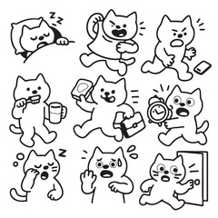Obraz premium Cat cartoon morning routine emotion wake brush run alarm door