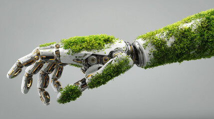 Green technology conceptual design, human arm covered with grass and lush and robotic hand, 3d render 