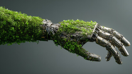 Green technology conceptual design, human arm covered with grass and lush and robotic hand, 3d render 