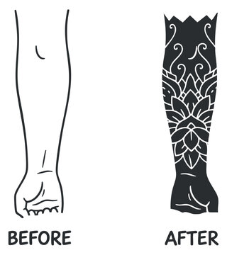 A visual representation of a forearm tattoo transformation, showcasing a plain arm before and an ornately decorated arm after in black and white vector style, ideal for tattoo design inspiration