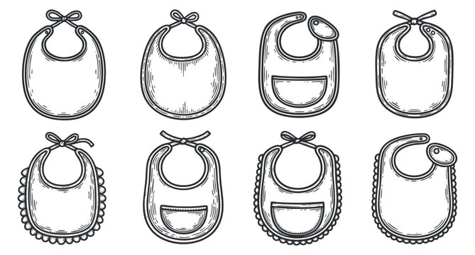 A collection of hand-drawn baby bibs in outline style, ideal for baby product branding and illustrations