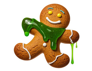 Gingerbread Man Holding Green Slime with Mischievous Smile, Festive Horror Concept, Isolated on Transparent Background (2)