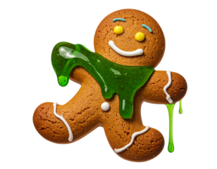 Gingerbread Man Holding Green Slime with Mischievous Smile, Festive Horror Concept, Isolated on Transparent Background (2)