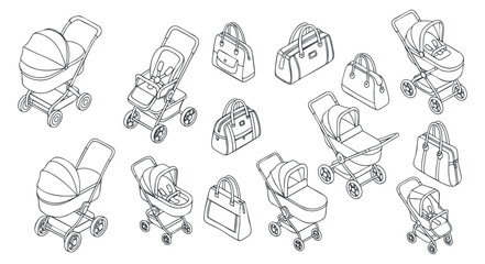 A collection of baby strollers, diaper bags, and infant carriers in minimalist outline vector style, perfect for parenting and baby product design