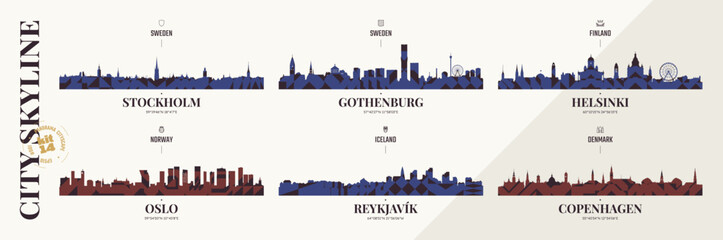 City skyline silhouettes Stockholm, Gothenburg, Helsinki, Oslo, Reykjavik, Copenhagen, Panoramas of Scandinavian cityscape horizon with abstract brutalism geometric pattern, urban cityscape, kit 14