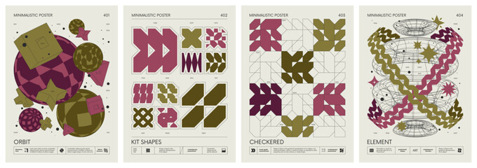 Futuristic abstract graphic wireframe elements of geometric shapes rave composition, Brutalism style vector minimalistic Posters with silhouette postmodern figures, Trendy color print artwork set 101