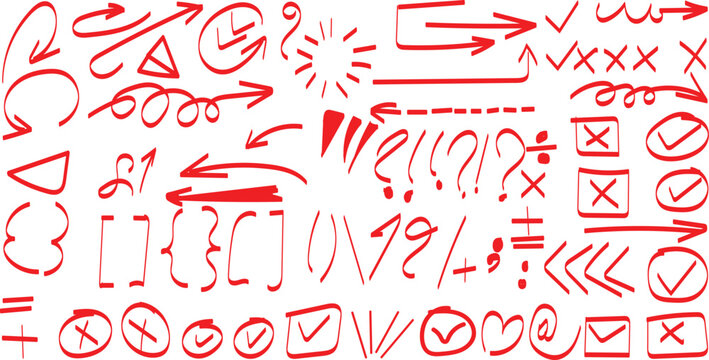 Collection of hand drawn red doodle symbols arrows checkmarks punctuation marks and correction marks