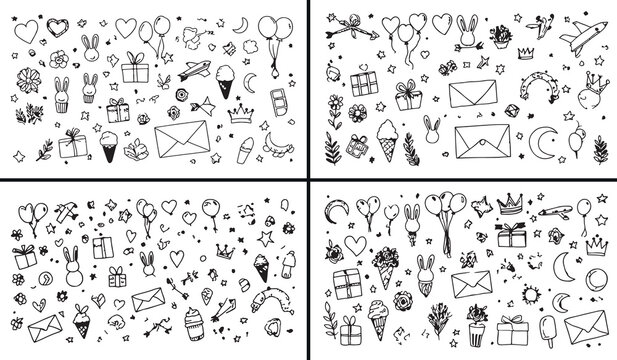 object doodle clipart, random cartoon sketches, mixed doodle elements, playful object drawings, hand drawn icon doodles, black white object clipart, printable doodle objects, fun illustration pack, qu