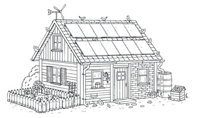 A charming cottage house with solar panels and a garden in black and white outline style, ideal for eco-friendly projects and architectural illustrations