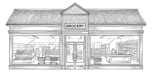 Fototapeta premium A grocery store front view with shopping carts and shelves in detailed outline sketch vector style, suitable for retail illustrations