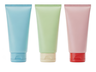 Three cosmetic tubes isolated on transparent background for beauty product branding, web and marketing