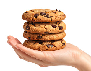Hand Holding Three Chocolate Chip Cookies, Front View, Isolated on Transparent Background (2)