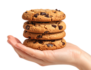 Hand Holding Three Chocolate Chip Cookies, Front View, Isolated on Transparent Background (2)