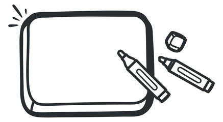 A whiteboard with markers and an eraser in black outline minimalist vector style, ideal for educational and office use