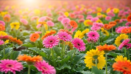 Colorful flower bed featuring blooming daisies in orange and pink tones with lush green foliage background.