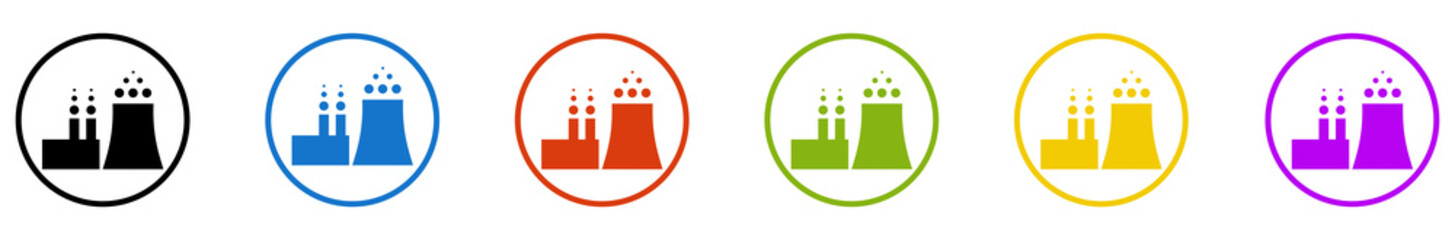 Banner mit 6 farbigen Icons im Kreis: Fabrik oder Industrie