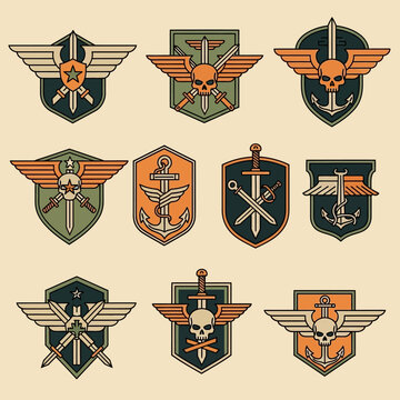 Collection of military aviation patches with skull and wing emblems showcasing varied designs and