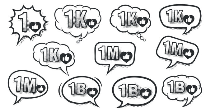 A collection of speech bubbles featuring various numbers like 1M, 1K, and 1B in black and white vector style, ideal for social media graphics and digital communication