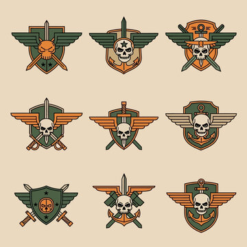 Collection of vintage military insignia emblems featuring skull motifs and aviation themes for
