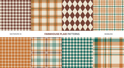Farmhouse seamless vector patterns pack with brown green orange plaid gingham tartan argyle retro textured backgrounds for textile wrapping country decor autumn design vintage fashion templates