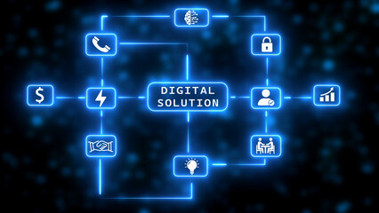 Digital Solution Network Diagram with Icons and Glowing Blue Lines flowchart
