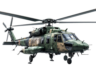 Military Helicopter in Hover Position, Side View, Isolated on White Background