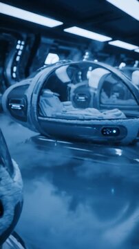 Futuristic Cryo-sleep Pods in Rows, Sci-Fi Concept