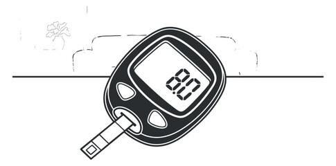 A blood glucose monitor displaying a reading of 80 in black and white outline vector style, suitable for health-related designs