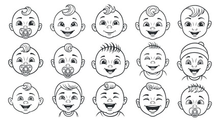 A collection of baby faces displaying various emotions in black and white line art vector style, ideal for children's products and designs