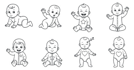 Fototapeta premium A collection of cute baby characters in outline vector style, showcasing various playful and joyful expressions, ideal for children's products and designs