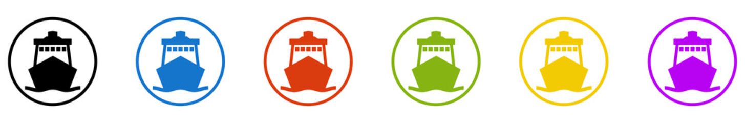 Banner mit 6 farbigen Icons im Kreis: Schiff, Hafen oder F&auml;hre