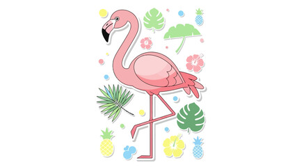 A whimsical flamingo illustration amidst tropical flora evokes a vibrant summery feel