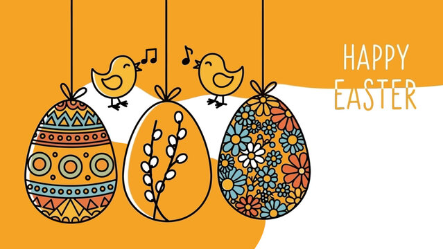 Three decorative Easter eggs with patterns and two singing chicks on an orange and white background with 'Happy Easter' text.