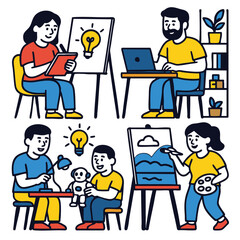 Creative workspace with people drawing, painting, working on laptop, and teaching child art