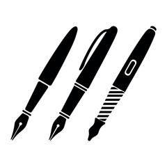 Set of professional pen silhouettes including fountain pens, ballpoint pens, and digital styluses isolated on white