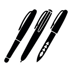 Set of professional pen silhouettes including fountain pens, ballpoint pens, and digital styluses isolated on white background