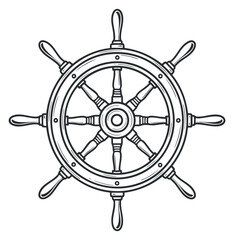 Obraz premium A classic ship's steering wheel in black and white outline vector style, ideal for nautical themed projects or maritime designs