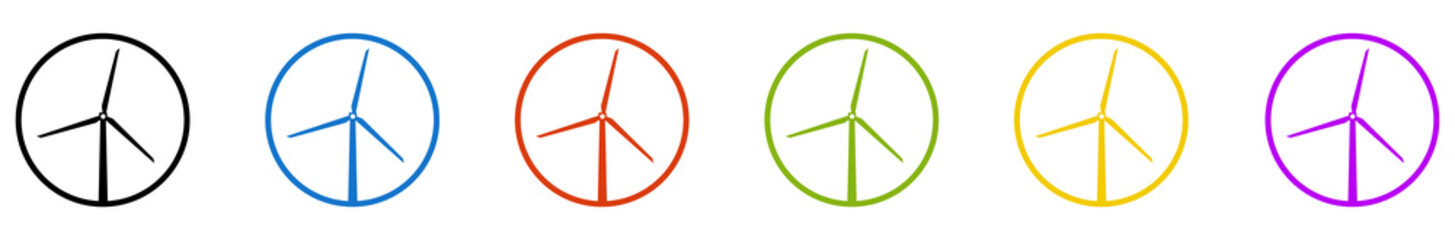 Banner mit 6 farbigen Icons im Kreis: Windm&uuml;hle oder Windenergie