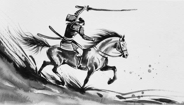 刀を天に掲げ勝鬨をあげる戦国武将墨絵