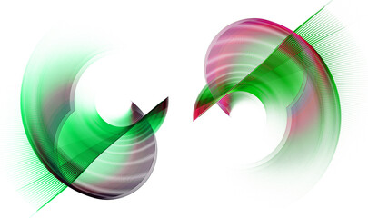 Green, with color accents, striped arced and straight planes intersect and rotate on a white background. Icon, logo, symbol, sign. Set. 3D rendering. 3D illustration. © Svetlana