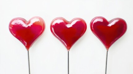 Three glossy heart-shaped lollipops with shiny red surfaces and silver sticks stand side by side on a clean white backgr