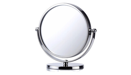 Fototapeta premium Shiny, circular, silver-toned vanity mirror centered against a black backdrop