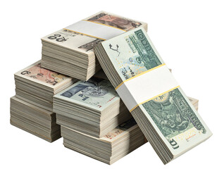 Multiple Paper Money Stacks Arranged in Small Pile, Financial Concept, Isolated on Transparent Background