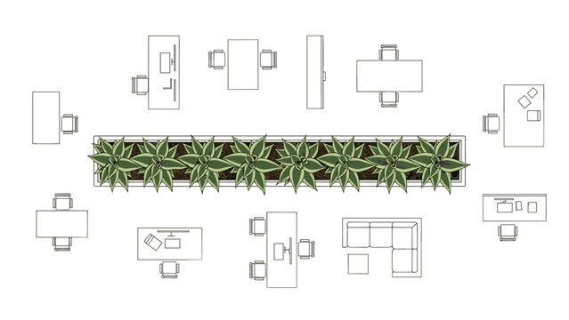 Top view of a long rectangular office planter box filled with Snake Plants (Sansevieria), architectural plan view, modern office furniture symbol, linear arrangement, clean vector style, isolated.
