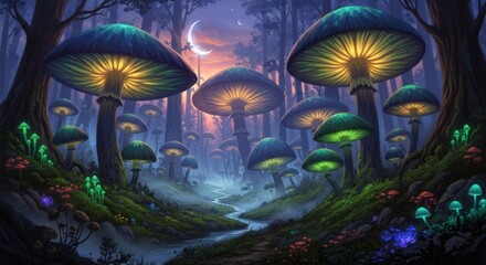 Obraz premium Enchanted Forest of Glowing Mushrooms Under a Crescent Moon.