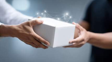 Faceless hands passing package through digital interface, heavily defocused background, anonymous delivery interaction, logistics technology visualization, e-commerce transaction r