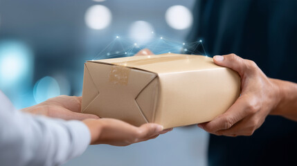 Faceless hands passing package through digital interface, heavily defocused background, anonymous delivery interaction, logistics technology visualization, e-commerce transaction r